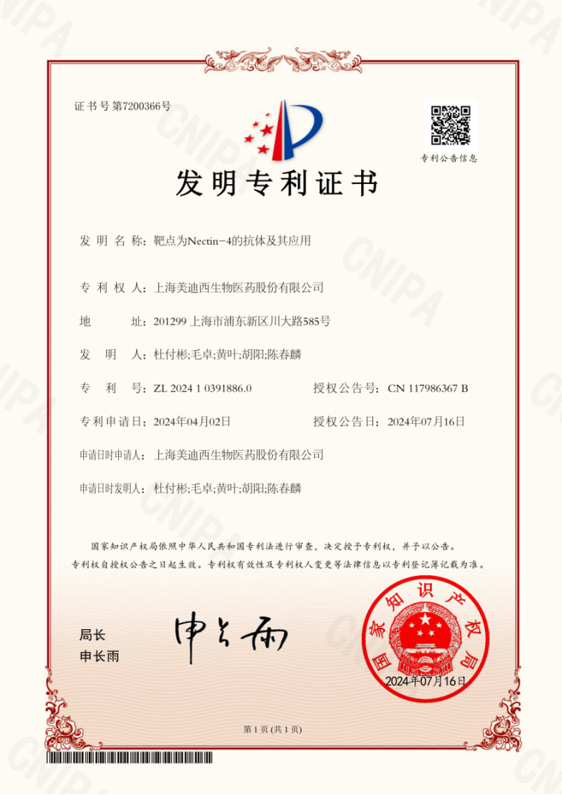 美迪西靶向Nectin-4的抗體技術榮獲國家發明專利.jpg